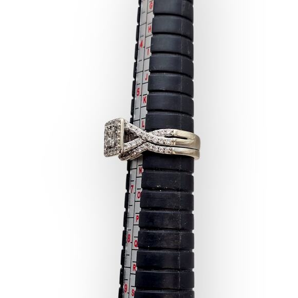 14k White Gold Diamond Bridal Set Princess Halo Engagement Ring & Twisted Band - Picture 9 of 12